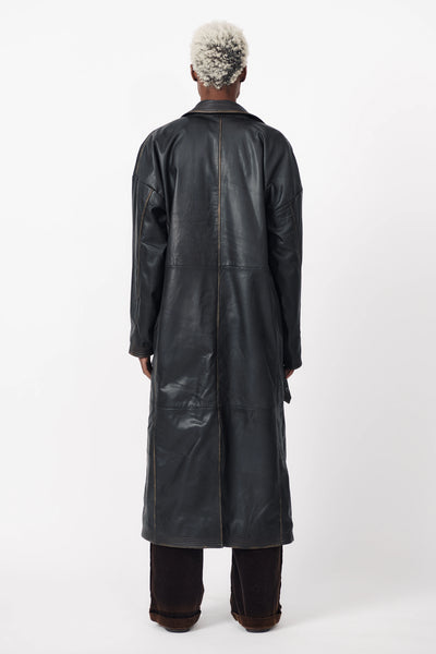 LEATHER TRENCH COAT - WASHED BLACK