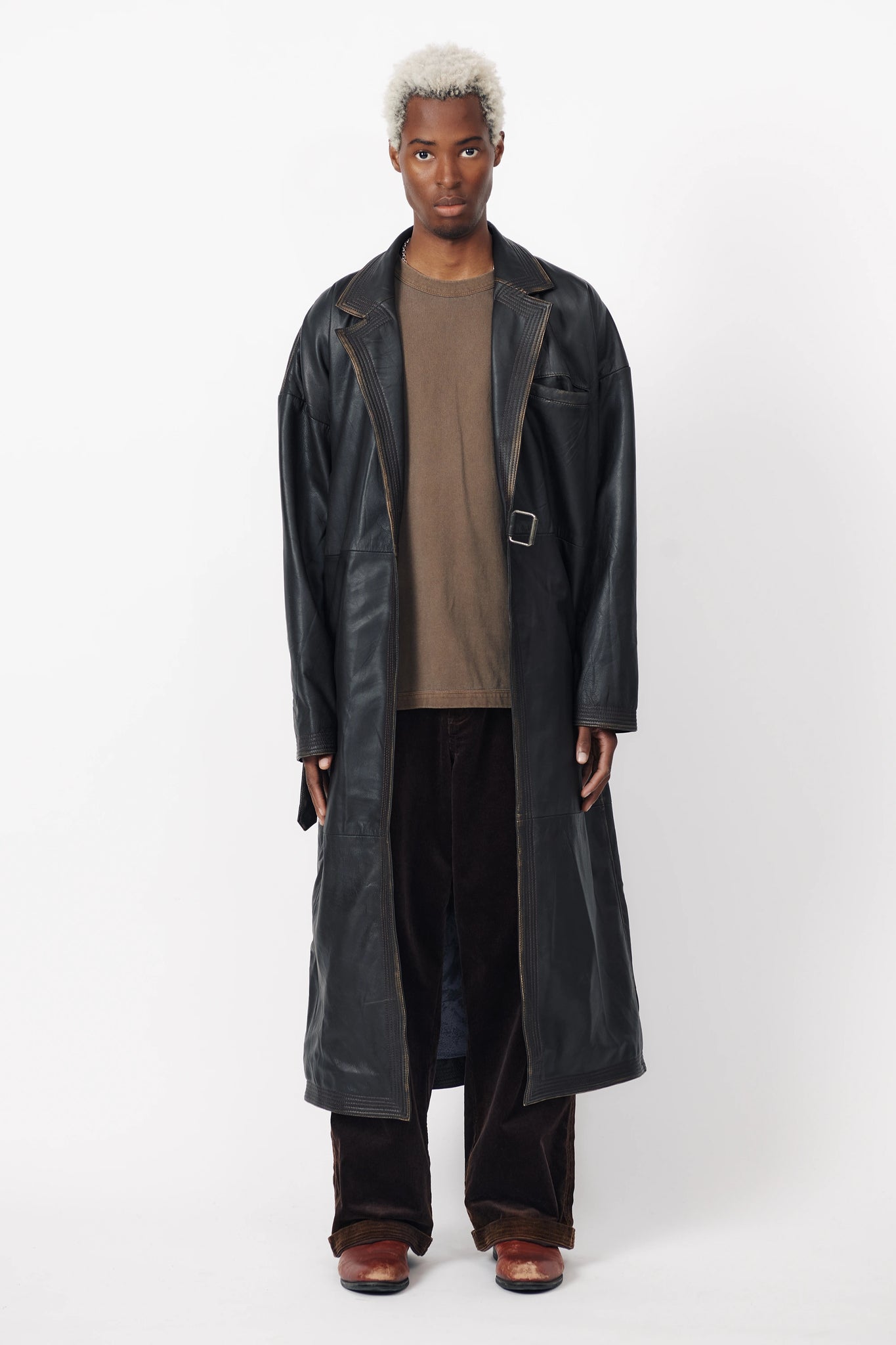 LEATHER TRENCH COAT - WASHED BLACK